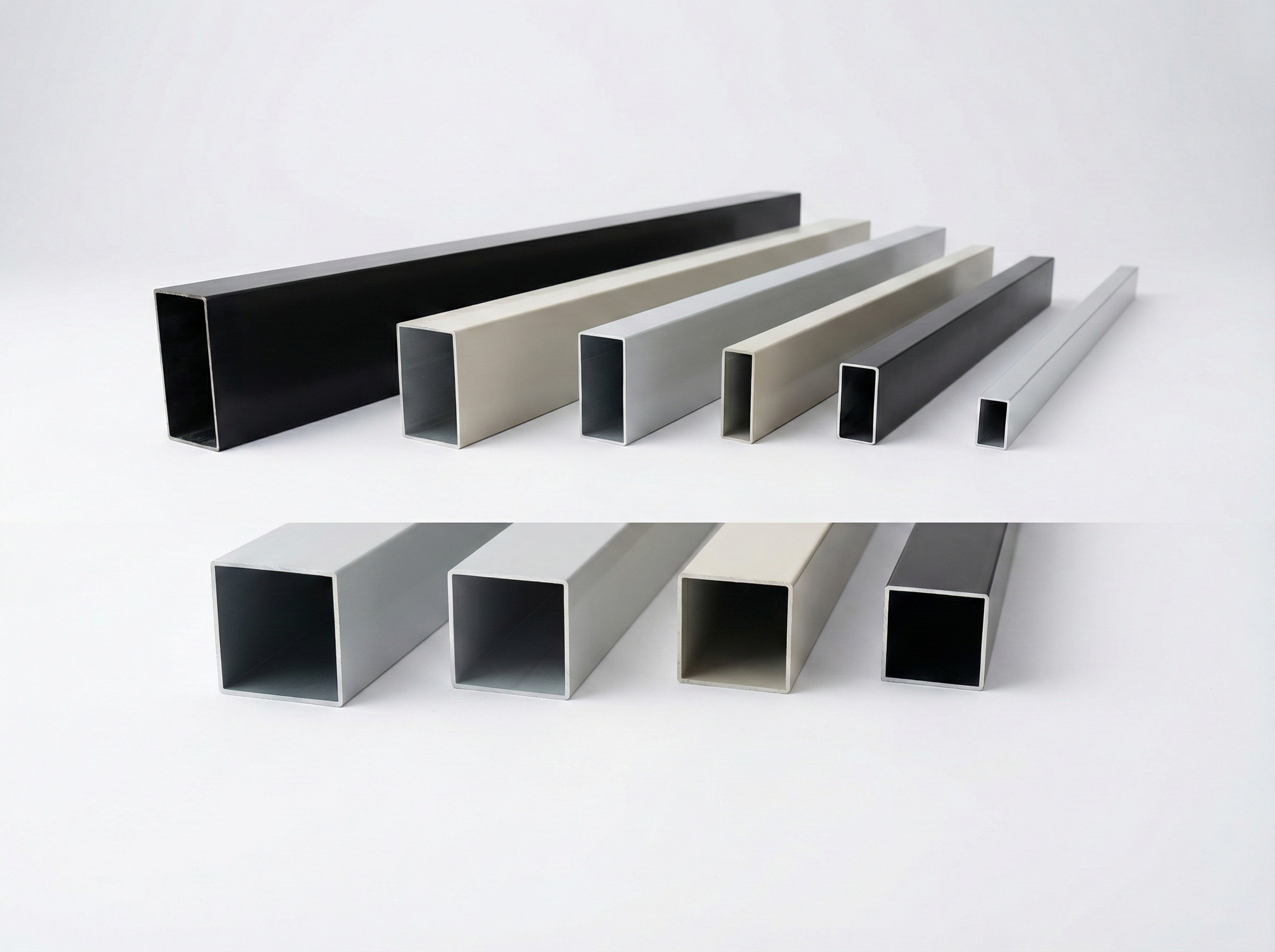 Collection of round and square aluminum tubes and angle profiles